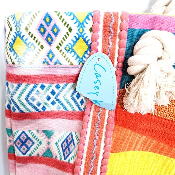 Casey Key Beaded Cotton Boho Bright Rainbow Multicolor Rope Tote Bag Purse - Picture 4 of 12